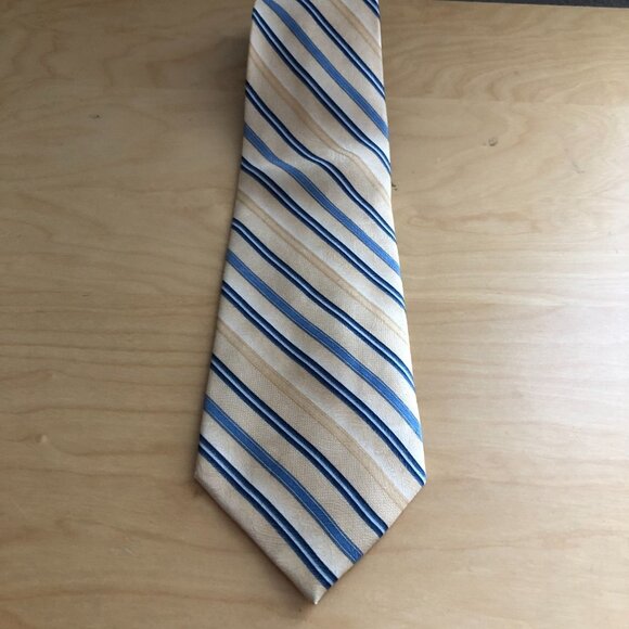 Vintage Pierre Cardin Silk Jacquard Yellow Gold Navy & Light Blue Striped Tie - Picture 2 of 6